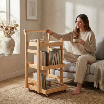 Solid Wood Rolling Utility Trolley: 3-Level Wooden Serving Trolley for Kitchen Organization