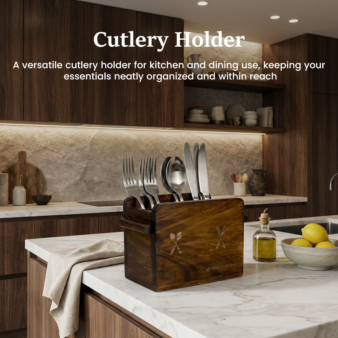 Wooden Cutlery Holder – Solid Rubberwood 2-Compartment Organizer