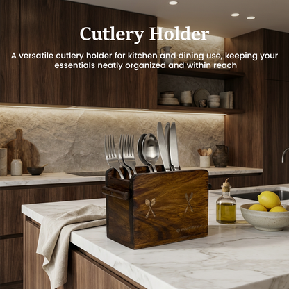Wooden Cutlery Holder – Solid Rubberwood 2-Compartment Organizer