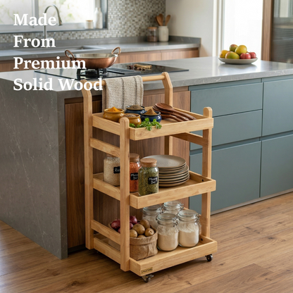 Solid Wood Rolling Utility Trolley: 3-Level Wooden Serving Trolley for Kitchen Organization
