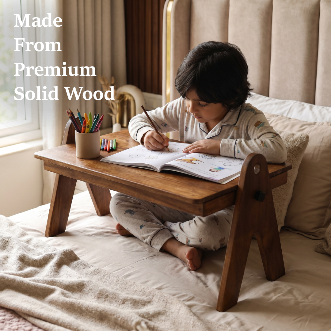 FlexiDesk - Foldable Laptop Table | Solid Wood & 3 level height adjustable laptop table with storage