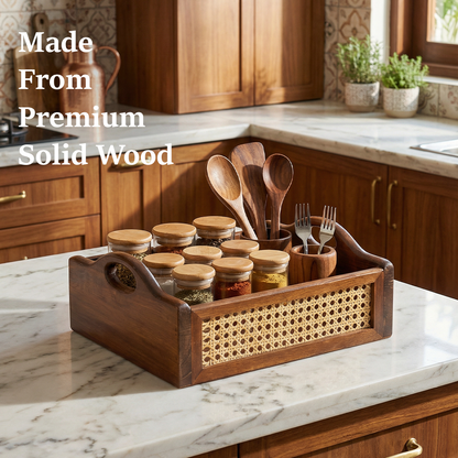 Solid Wood and Rattan Wicker Storage Basket with Round Handle - Walnut