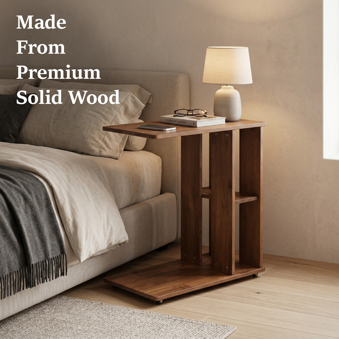 Rover Desk: C-Shaped Portable Solid Wood Side Table with Wheels