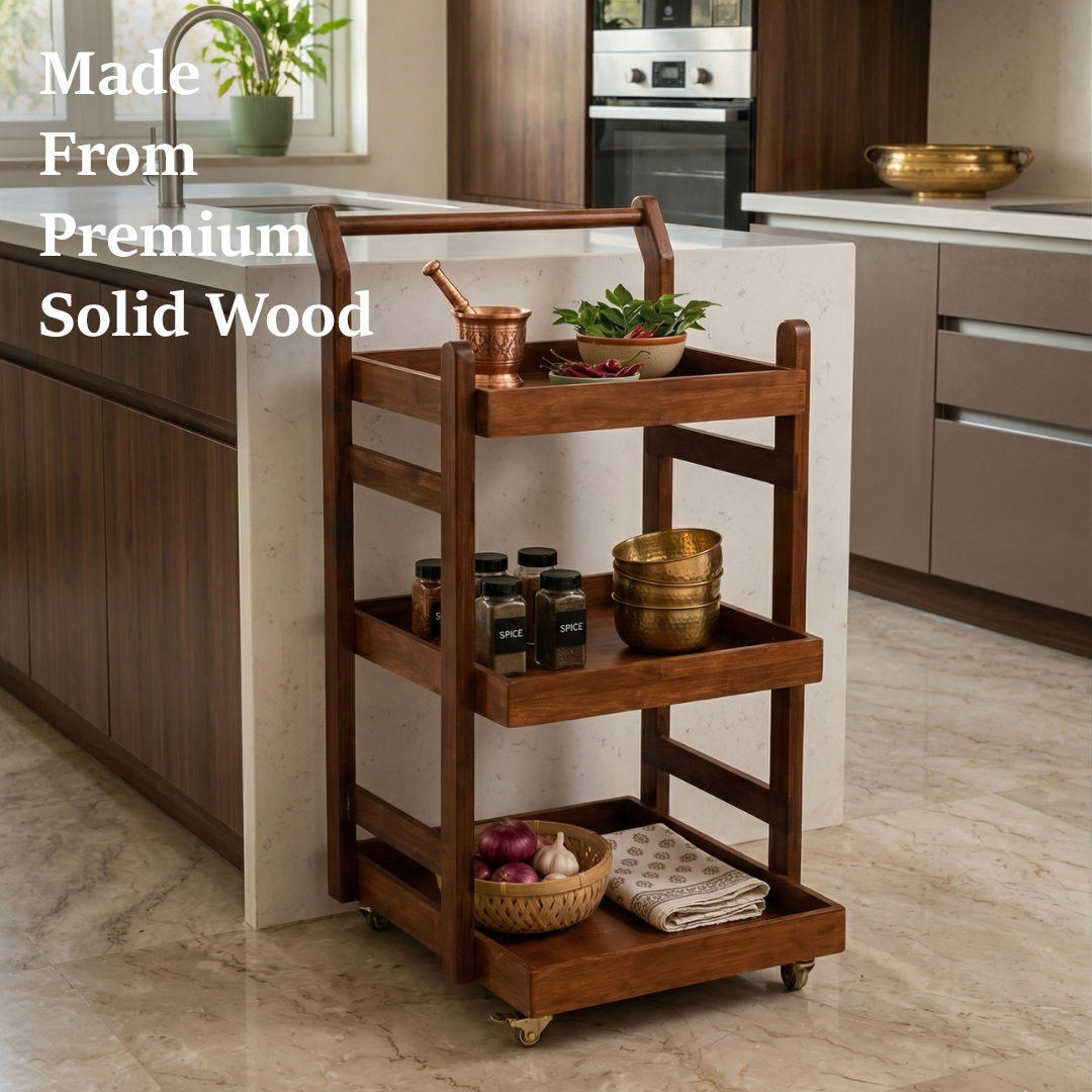 Solid Wood Rolling Utility Trolley: 3-Level Wooden Serving Trolley for Kitchen Organization