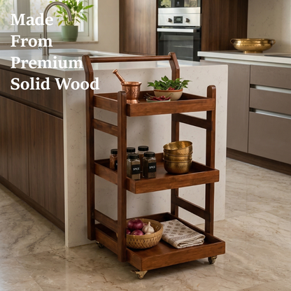 Solid Wood Rolling Utility Trolley: 3-Level Wooden Serving Trolley for Kitchen Organization