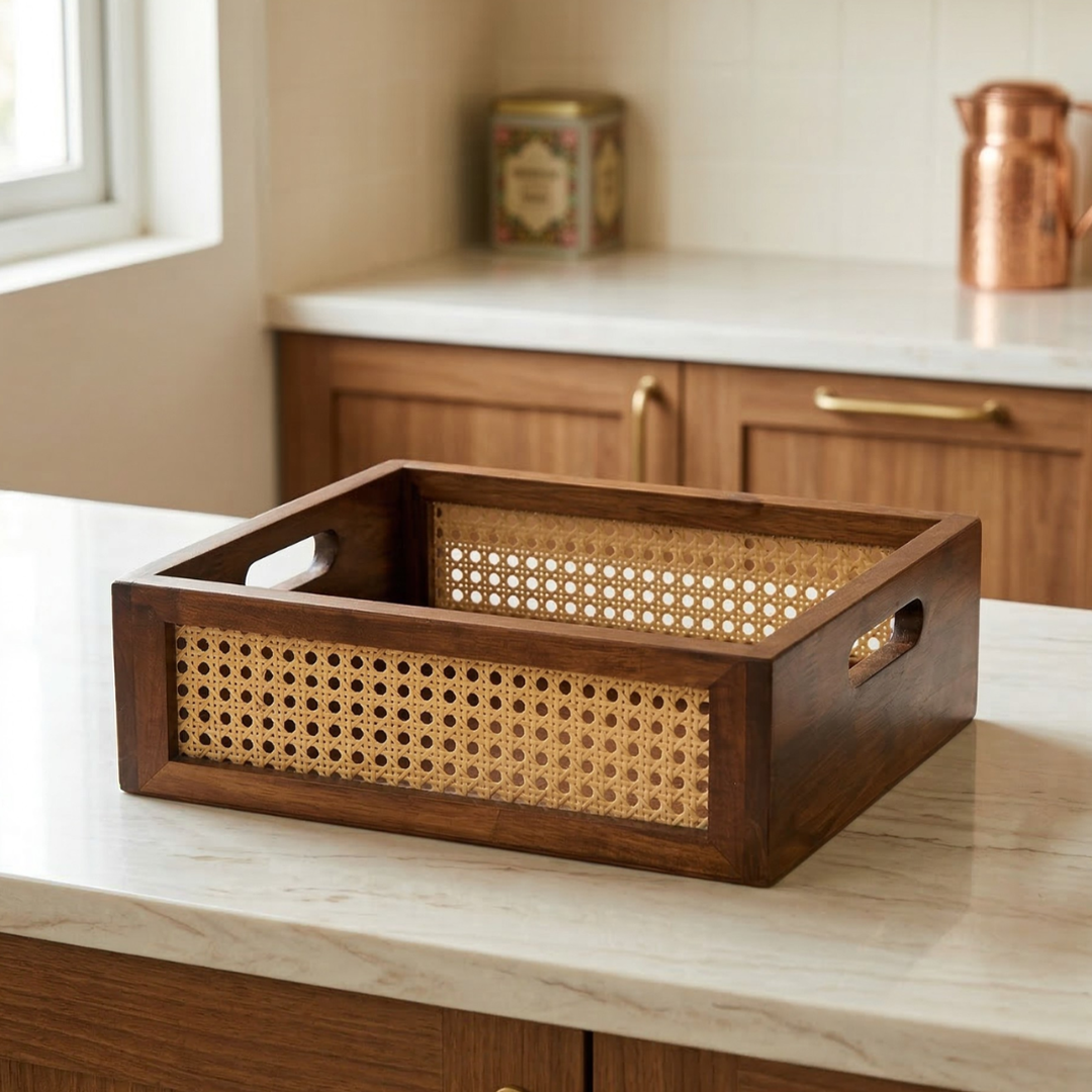 Solid Wood and Rattan Wicker Storage Basket