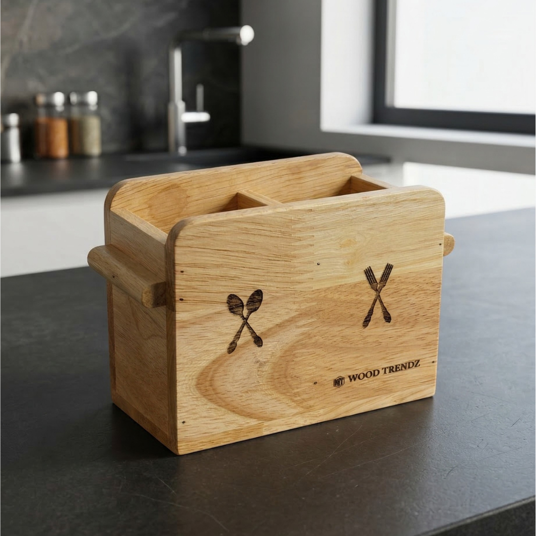 Wooden Cutlery Holder – Solid Rubberwood 2-Compartment Organizer