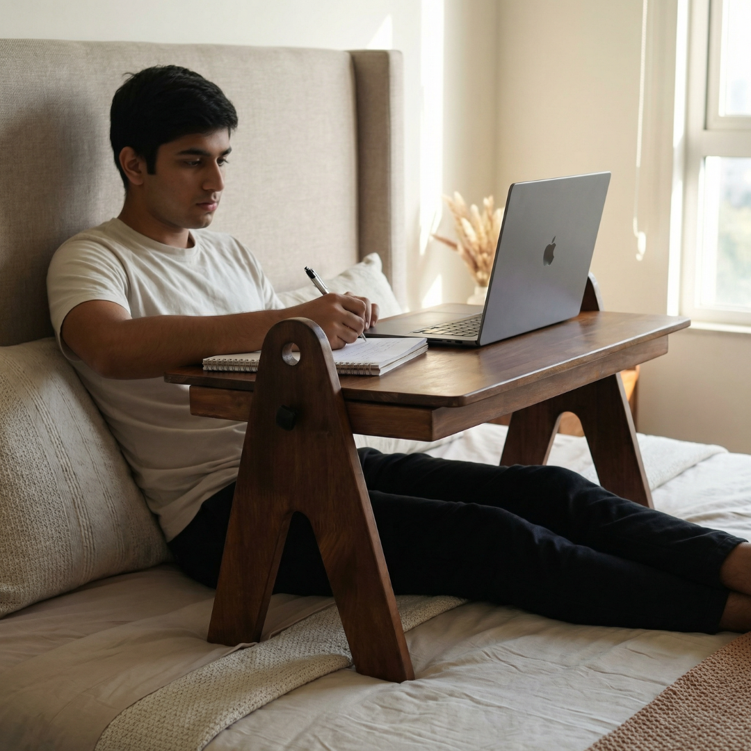 FlexiDesk - Foldable Laptop Table | Solid Wood & 3 level height adjustable laptop table with storage