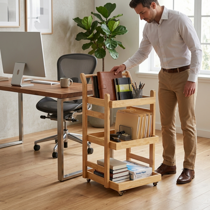 Solid Wood Rolling Utility Trolley: 3-Level Wooden Serving Trolley for Kitchen Organization
