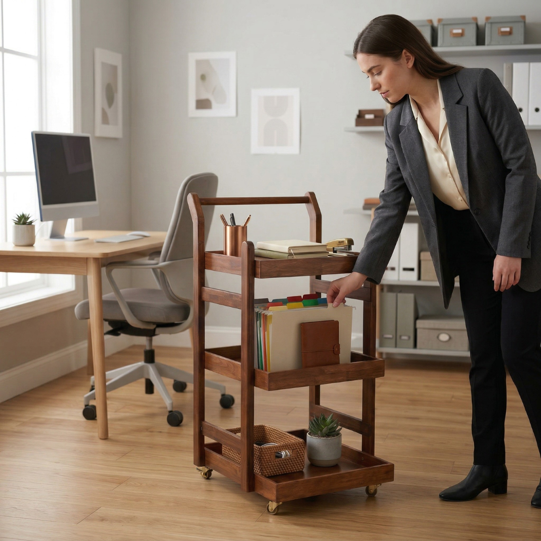 Solid Wood Rolling Utility Trolley: 3-Level Wooden Serving Trolley for Kitchen Organization