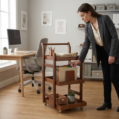 Solid Wood Rolling Utility Trolley: 3-Level Wooden Serving Trolley for Kitchen Organization