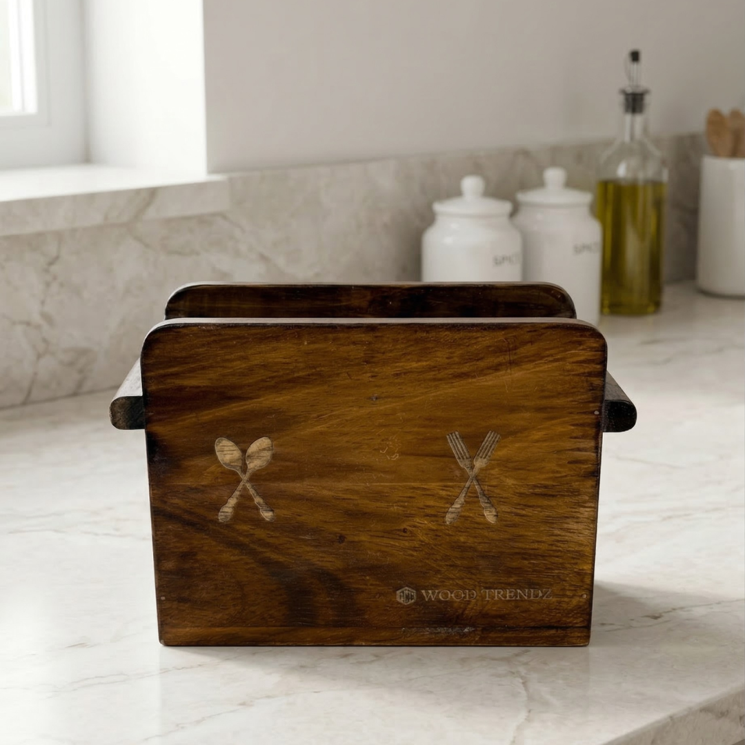 Wooden Cutlery Holder – Solid Rubberwood 2-Compartment Organizer