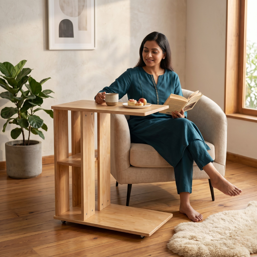 Rover Desk: C-Shaped Portable Solid Wood Side Table with Wheels