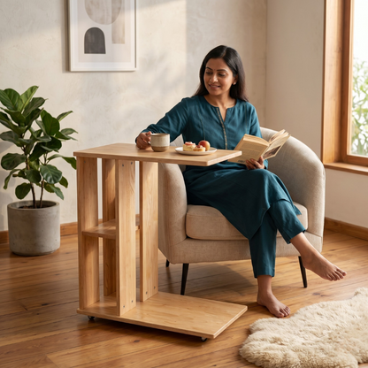 Rover Desk: C-Shaped Portable Solid Wood Side Table with Wheels