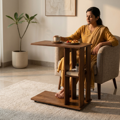 Rover Desk: C-Shaped Portable Solid Wood Side Table with Wheels