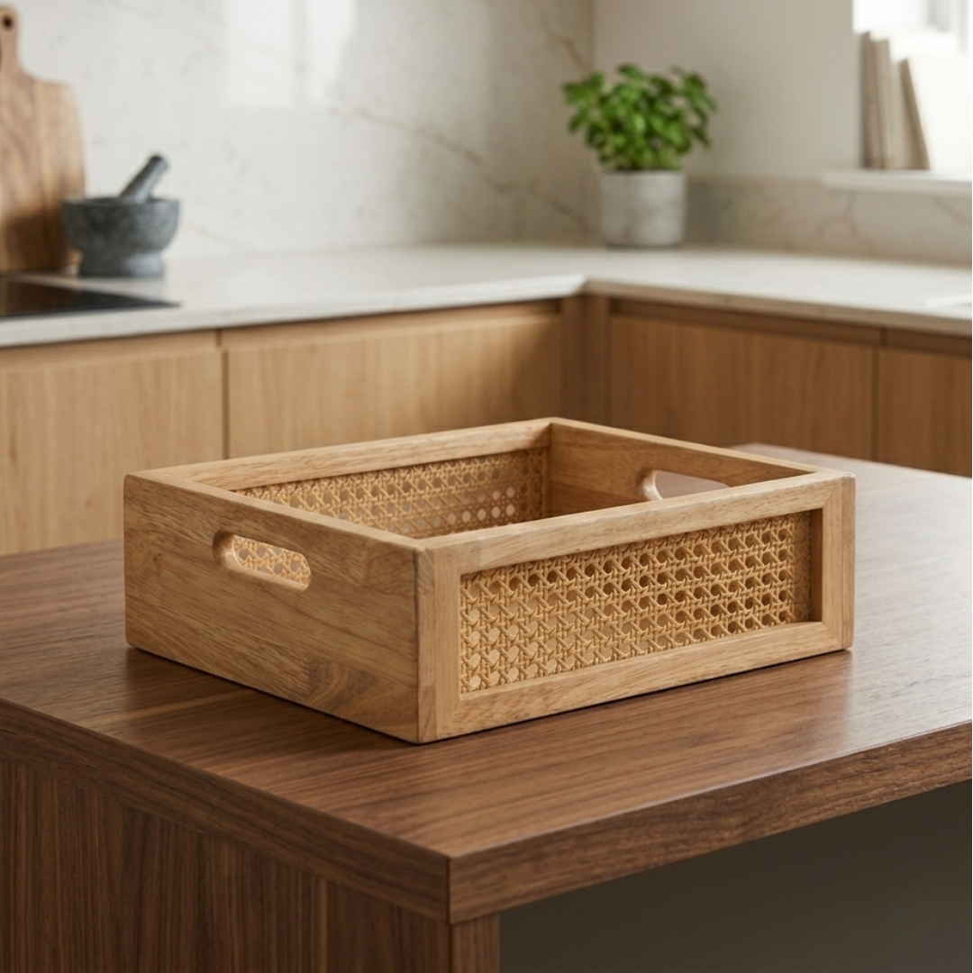 Solid Wood and Rattan Wicker Storage Basket