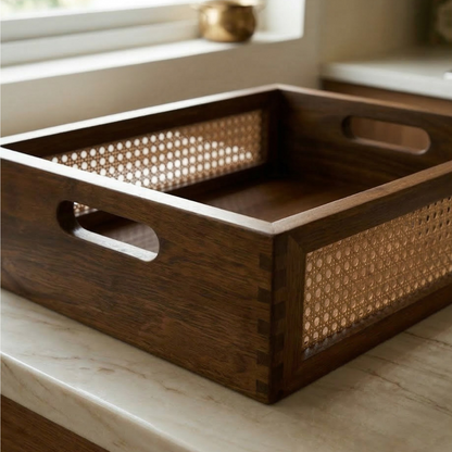 Solid Wood and Rattan Wicker Storage Basket