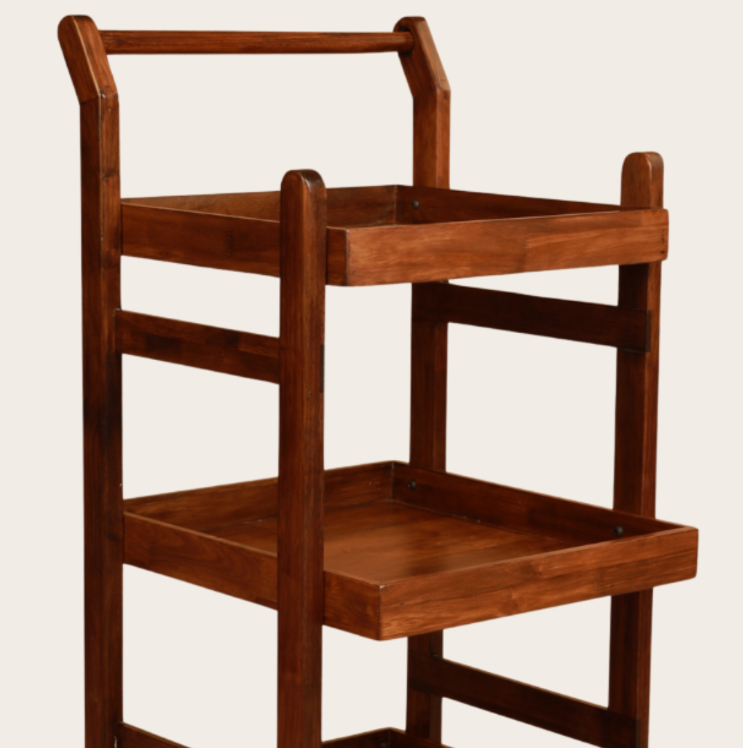 Solid Wood Rolling Utility Trolley: 3-Level Wooden Serving Trolley for Kitchen Organization