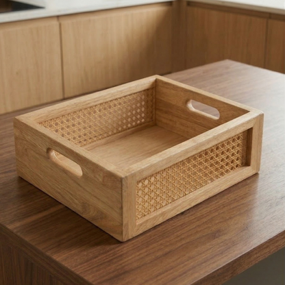 Solid Wood and Rattan Wicker Storage Basket