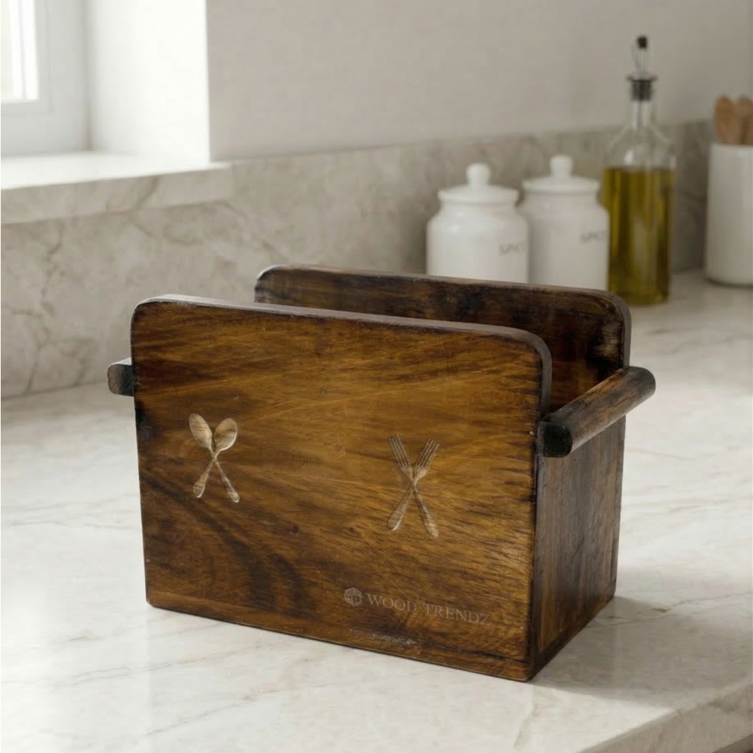 Wooden Cutlery Holder – Solid Rubberwood 2-Compartment Organizer