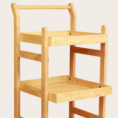 Solid Wood Rolling Utility Trolley: 3-Level Wooden Serving Trolley for Kitchen Organization