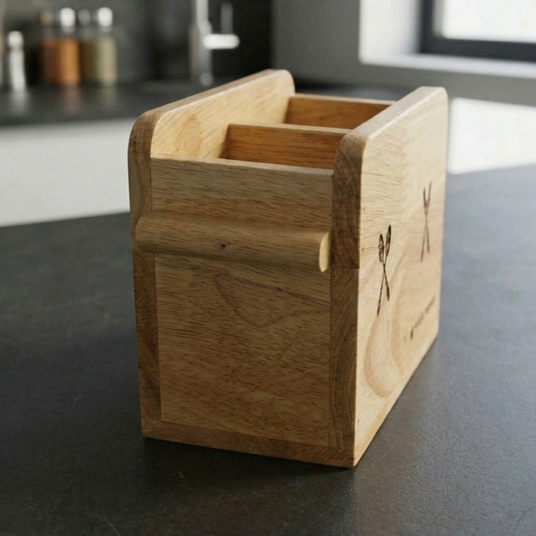 Wooden Cutlery Holder – Solid Rubberwood 2-Compartment Organizer