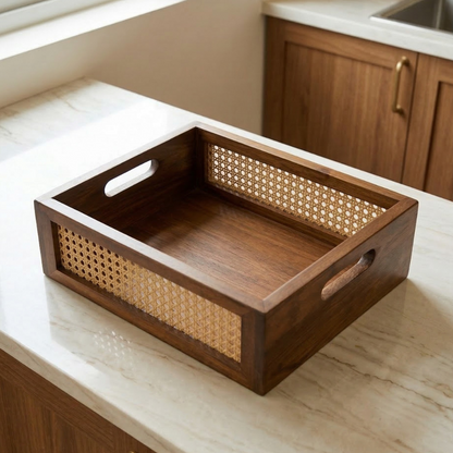 Solid Wood and Rattan Wicker Storage Basket