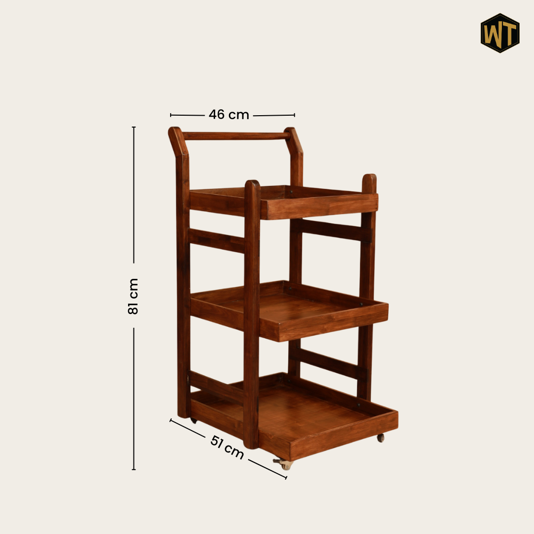 Solid Wood Rolling Utility Trolley: 3-Level Wooden Serving Trolley for Kitchen Organization