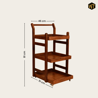 Solid Wood Rolling Utility Trolley: 3-Level Wooden Serving Trolley for Kitchen Organization