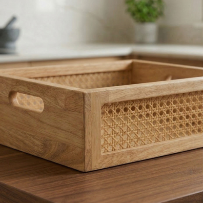 Solid Wood and Rattan Wicker Storage Basket
