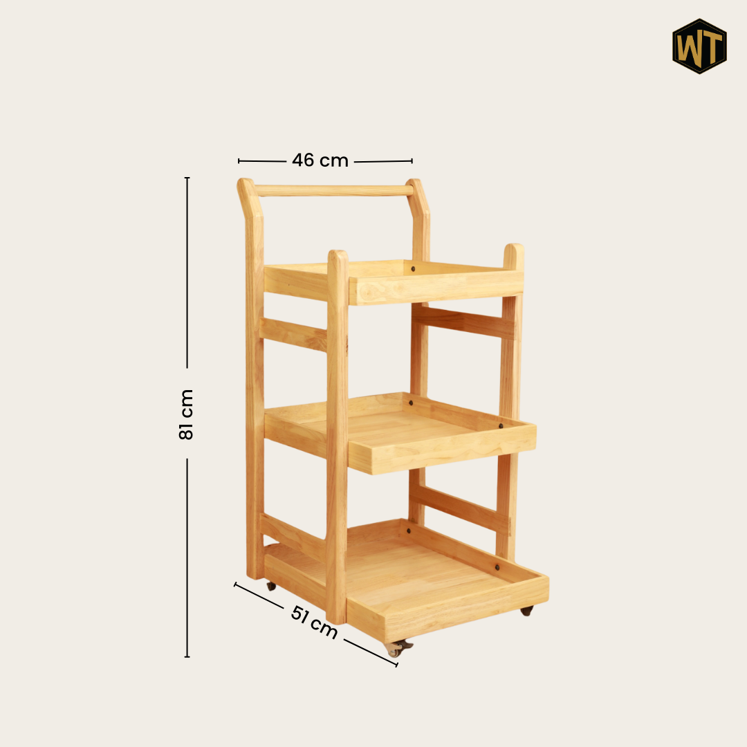 Solid Wood Rolling Utility Trolley: 3-Level Wooden Serving Trolley for Kitchen Organization