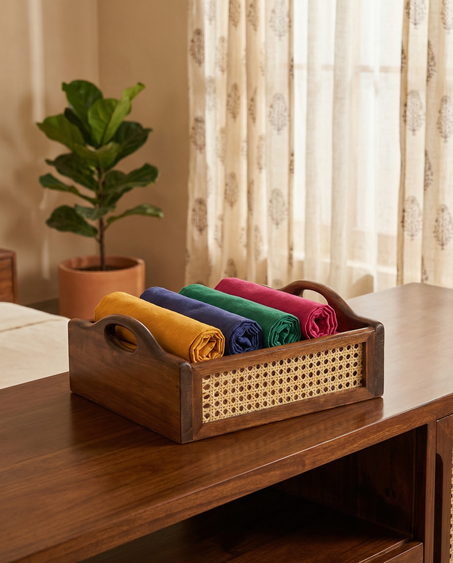 Solid Wood and Rattan Wicker Storage Basket with Round Handle - Walnut
