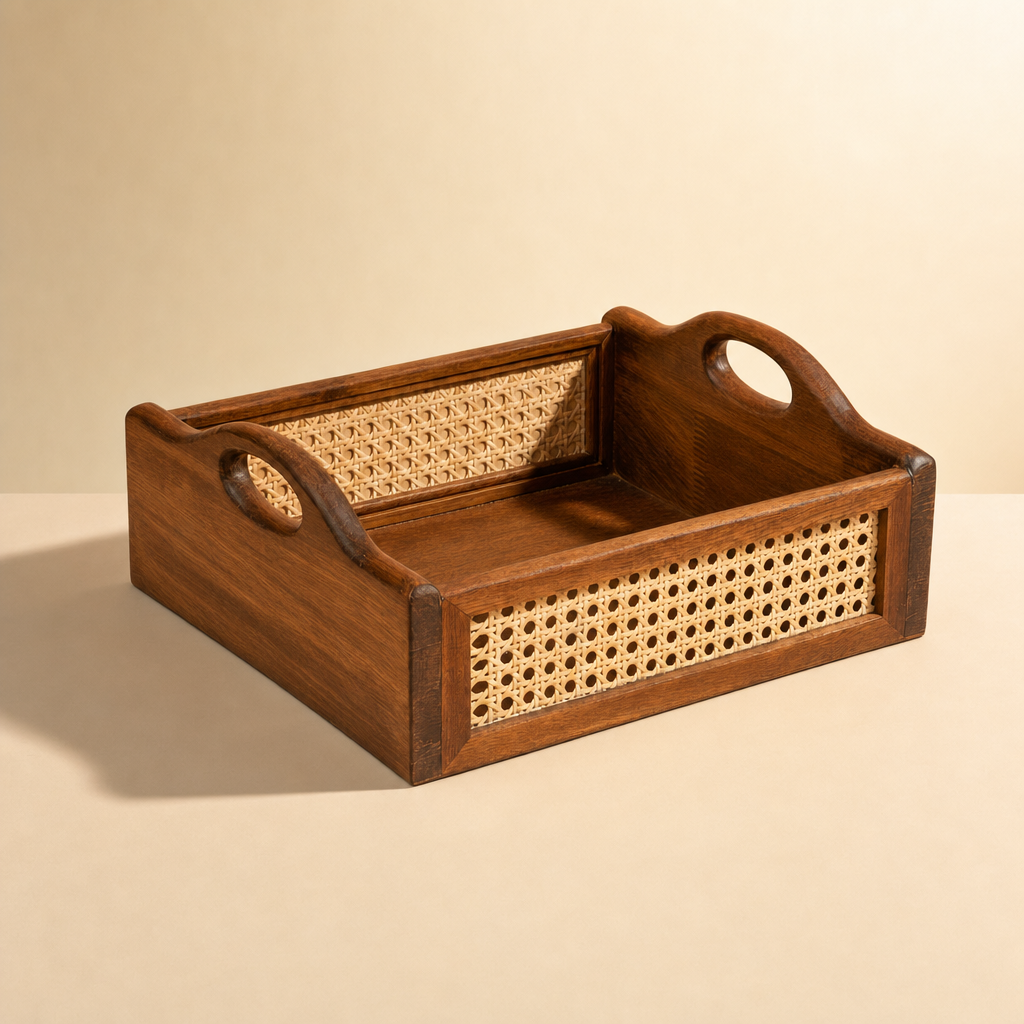 Solid Wood and Rattan Wicker Storage Basket with Round Handle - Walnut