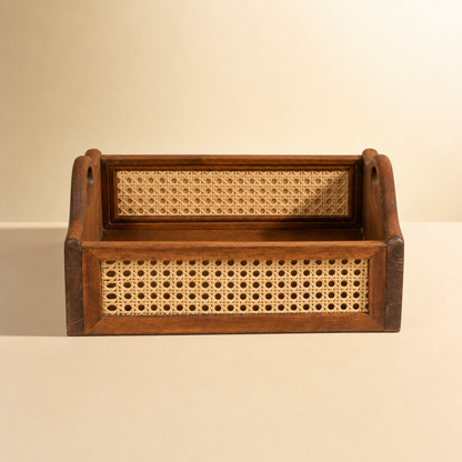 Solid Wood and Rattan Wicker Storage Basket with Round Handle - Walnut