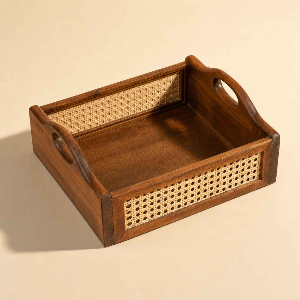 Solid Wood and Rattan Wicker Storage Basket with Round Handle - Walnut