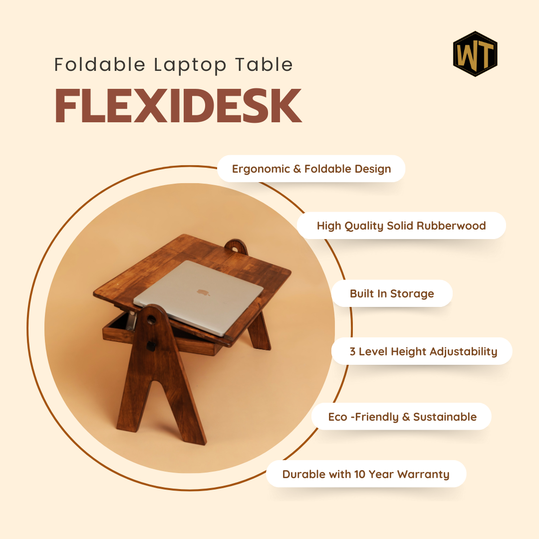 FlexiDesk - Foldable Laptop Table | Solid Wood & Adjustable with storage - Walnut Finish