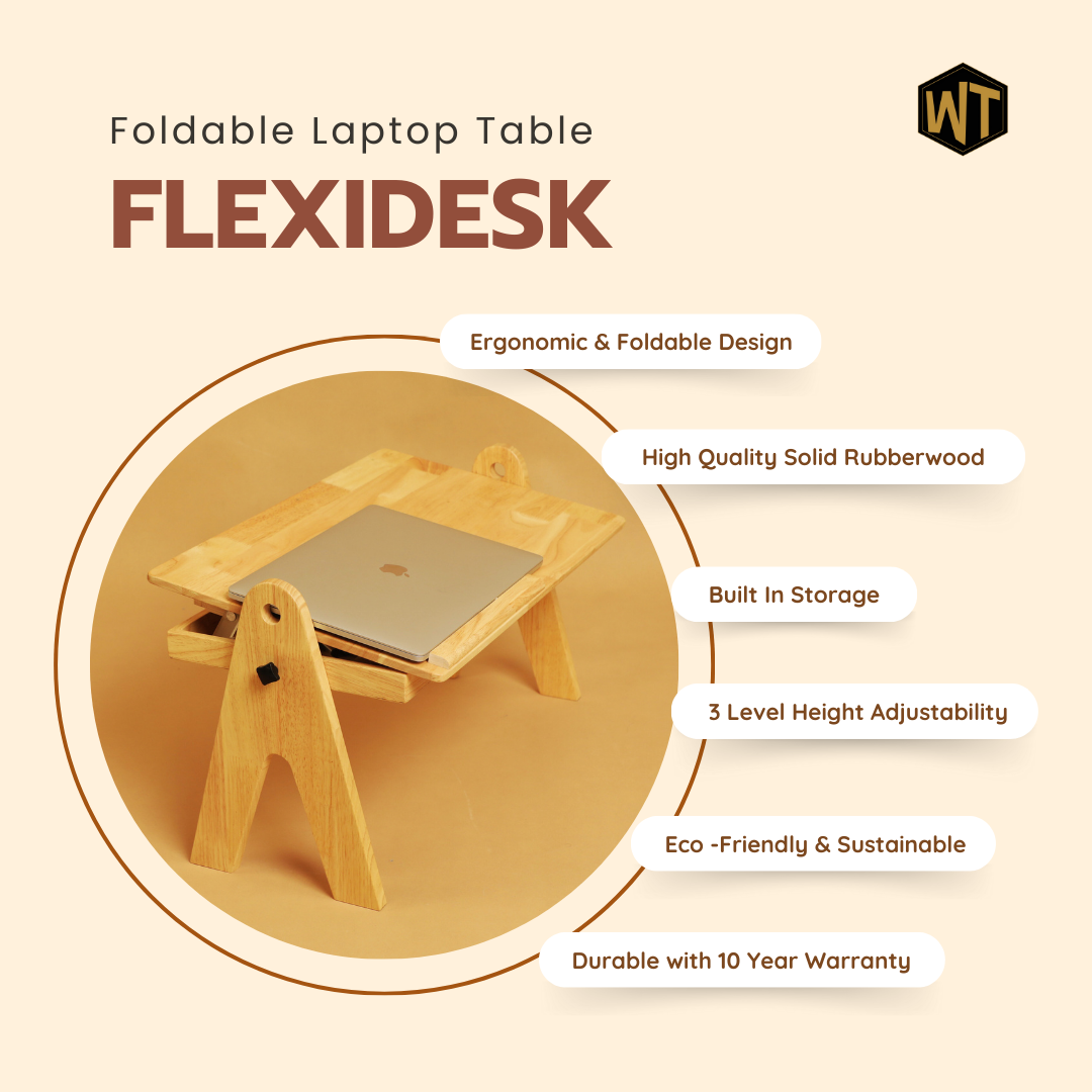 FlexiDesk - Foldable Laptop Table | Solid Wood & Adjustable with storage - Natural Finish