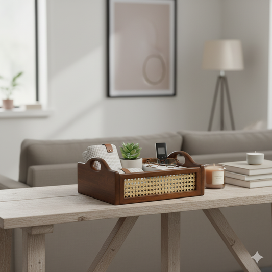 Solid Wood and Rattan Wicker Storage Basket with Round Handle - Walnut