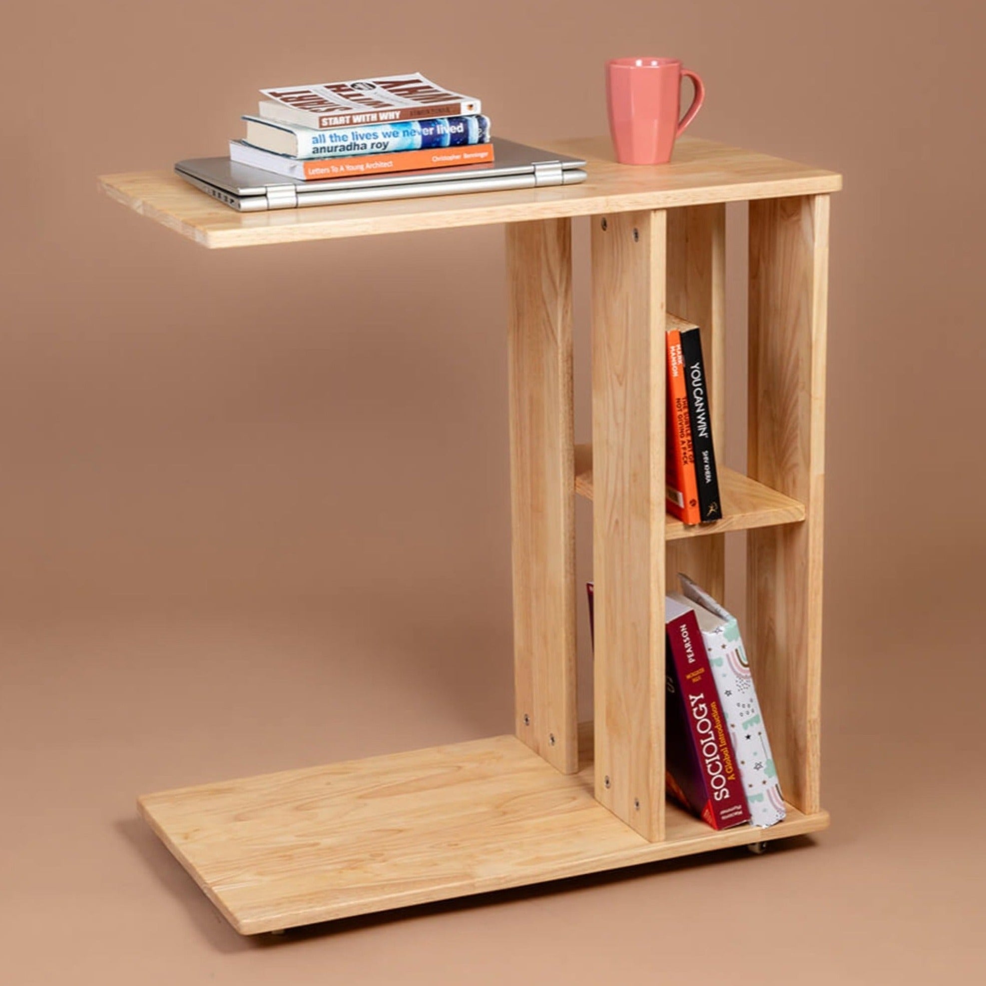 Rover Desk: C-Shaped Solid Wood Side Table with Wheels - Natural