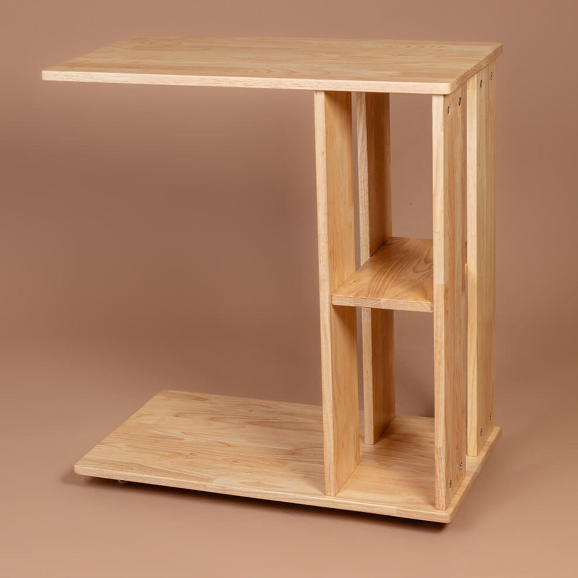 Rover Desk: C-Shaped Solid Wood Side Table with Wheels - Natural