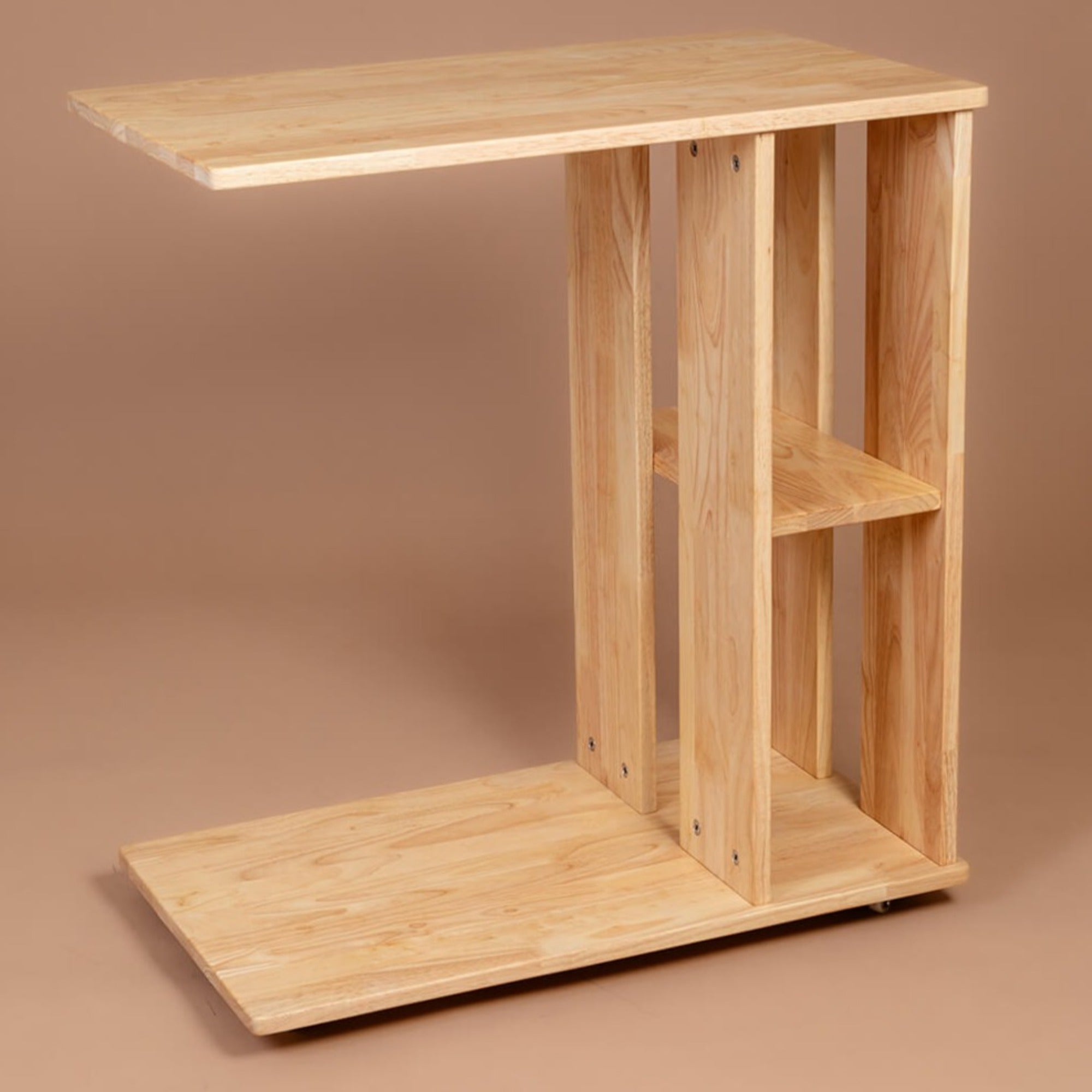 Rover Desk: C-Shaped Solid Wood Side Table with Wheels - Natural