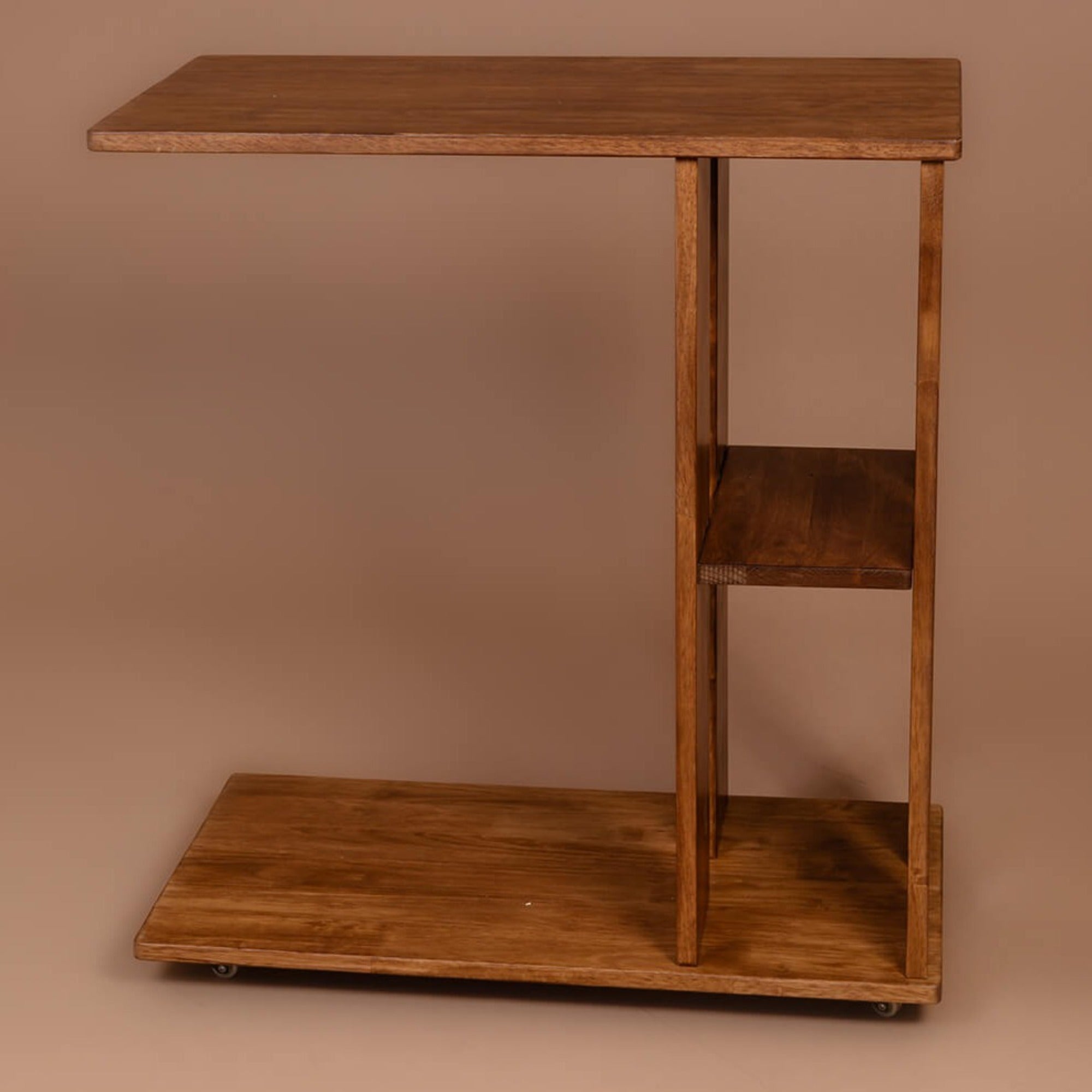 Rover Desk: C-Shaped Solid Wood Side Table with Wheels - Walnut