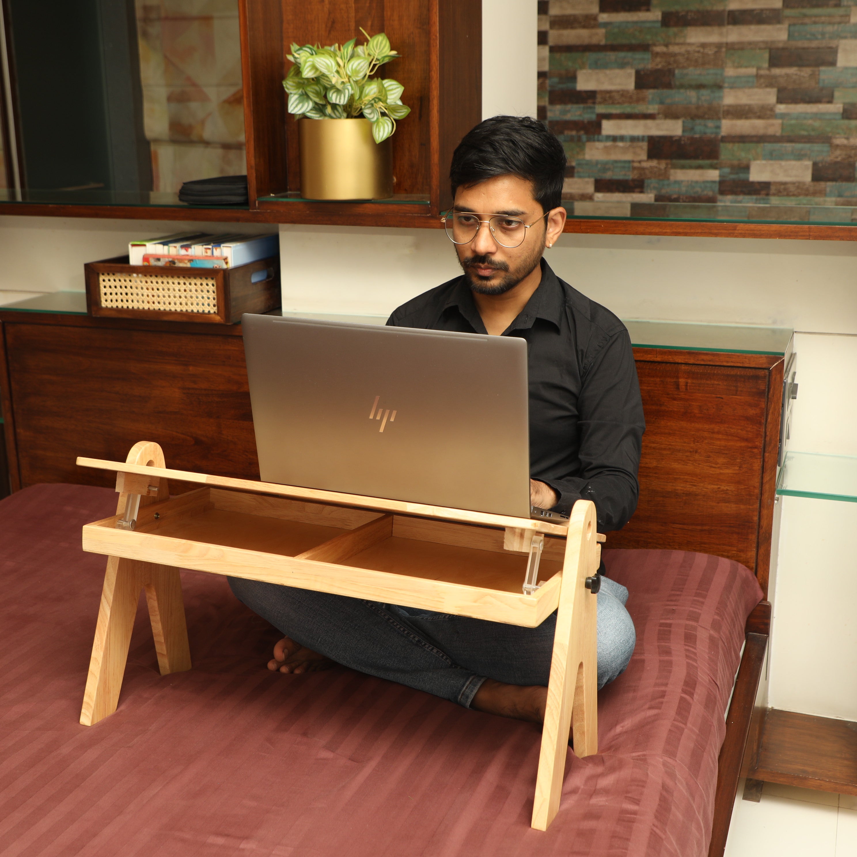 FlexiDesk - Foldable Laptop Table | Solid Wood & Adjustable with storage - Natural Finish