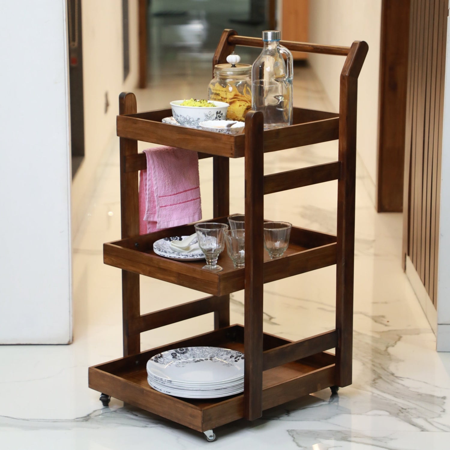 Solid Wood Rolling Utility Trolley: 3-Level Wooden Serving Trolley for Kitchen Organization - Walnut Finish - Wood Trendz  
