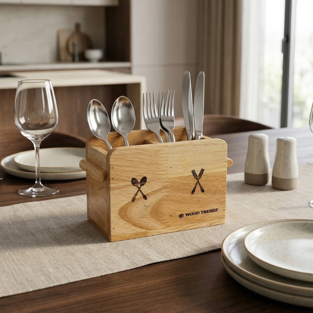 Wooden Cutlery Holder – Solid Rubberwood 2-Compartment Organizer