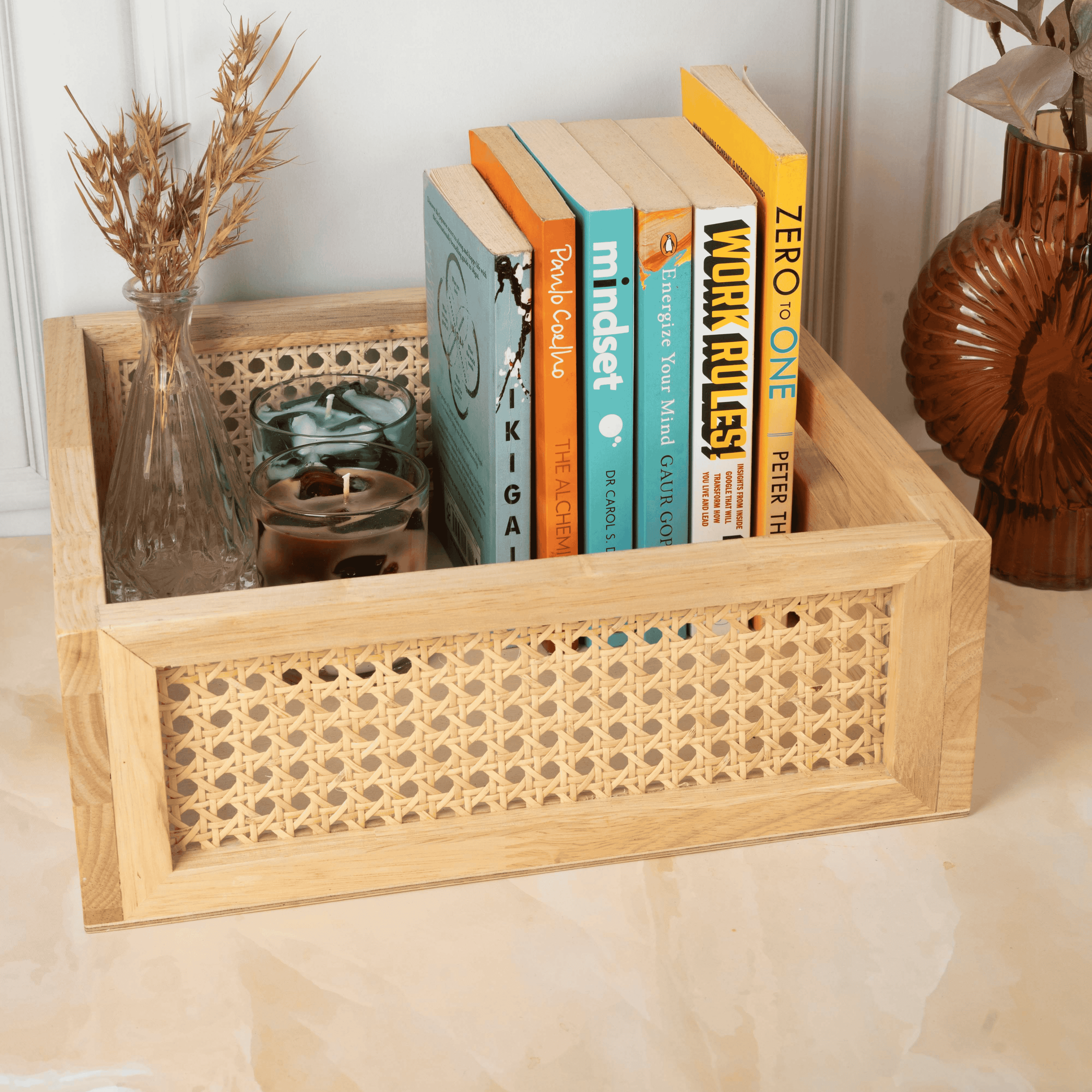 Rattan Storage Basket: Solid Wood Basket - Natural