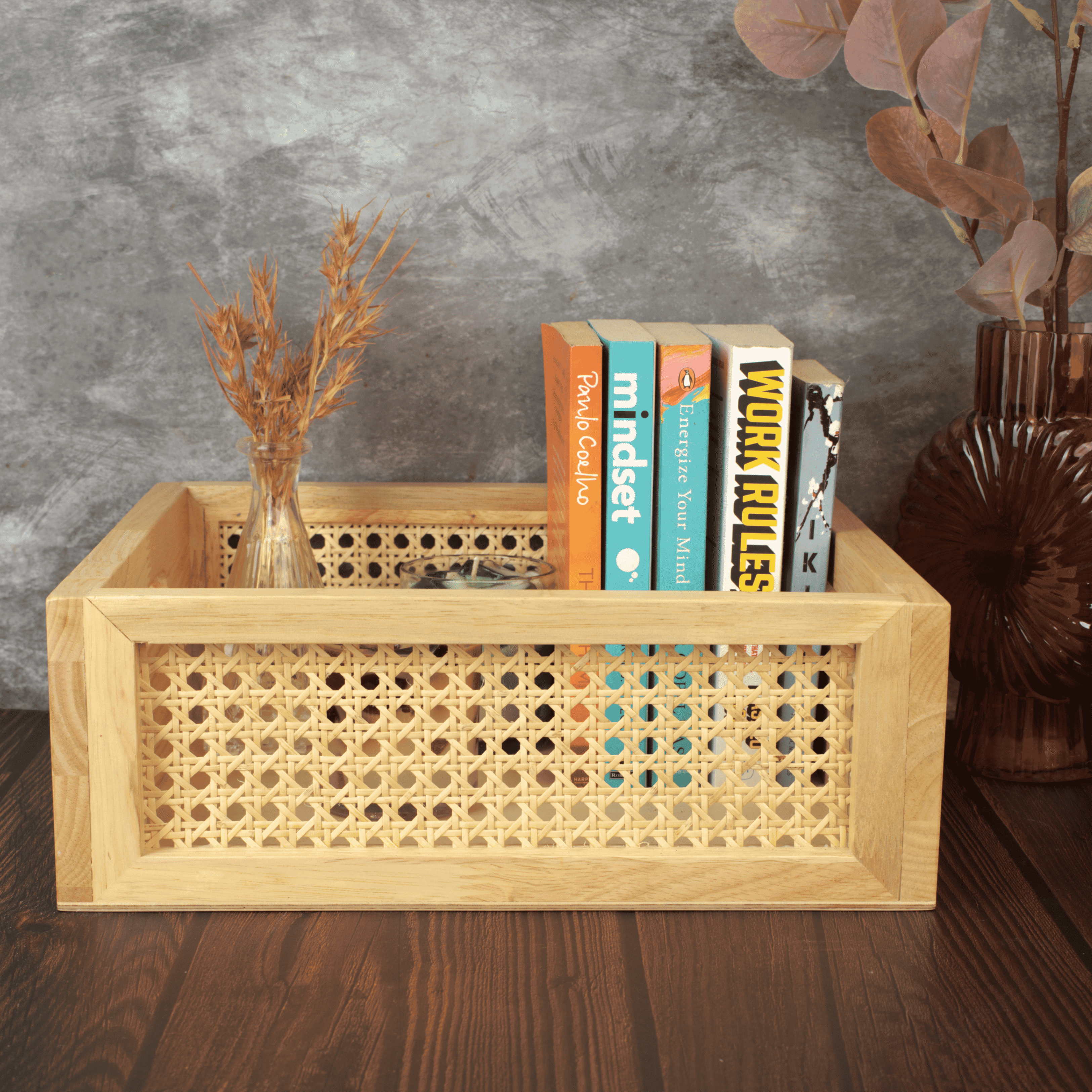 Rattan Storage Basket: Solid Wood Basket - Natural