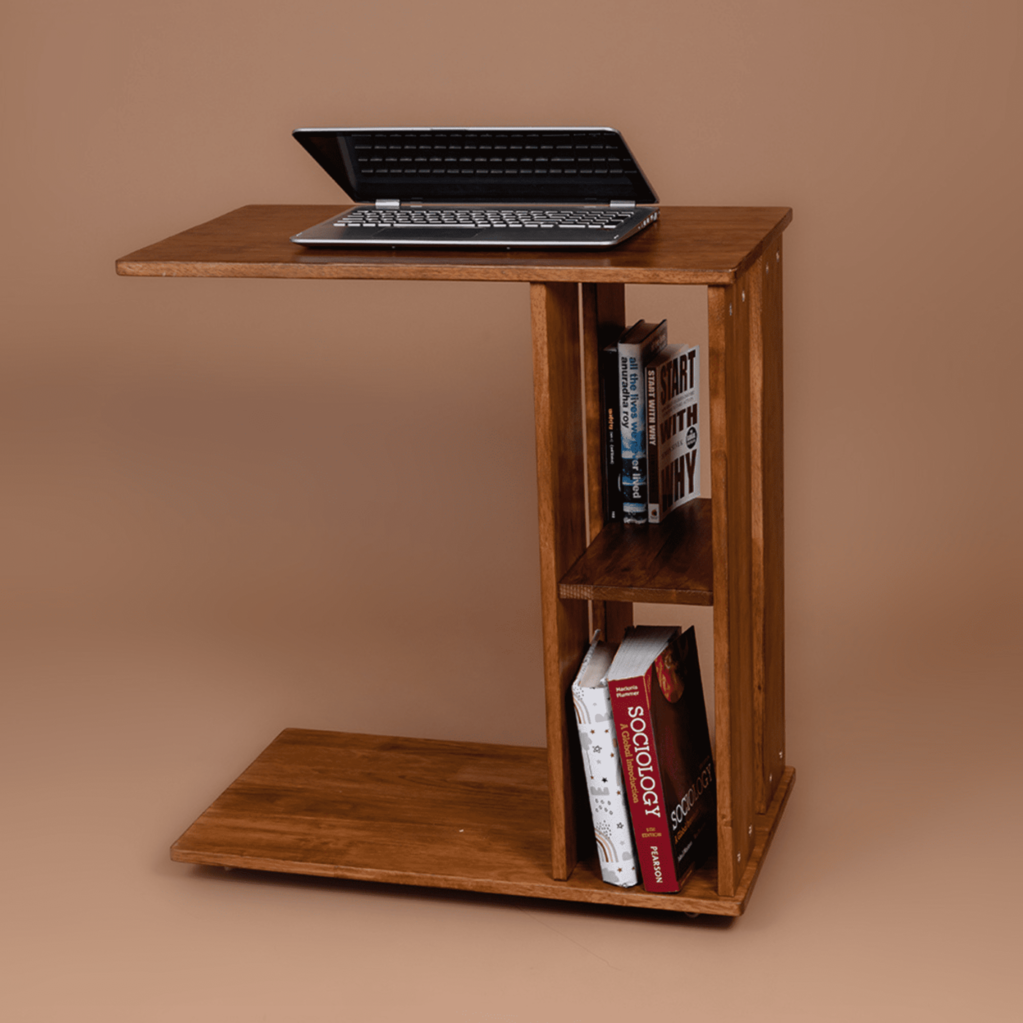 Rover Desk: C-Shaped Solid Wood Side Table with Wheels - Walnut