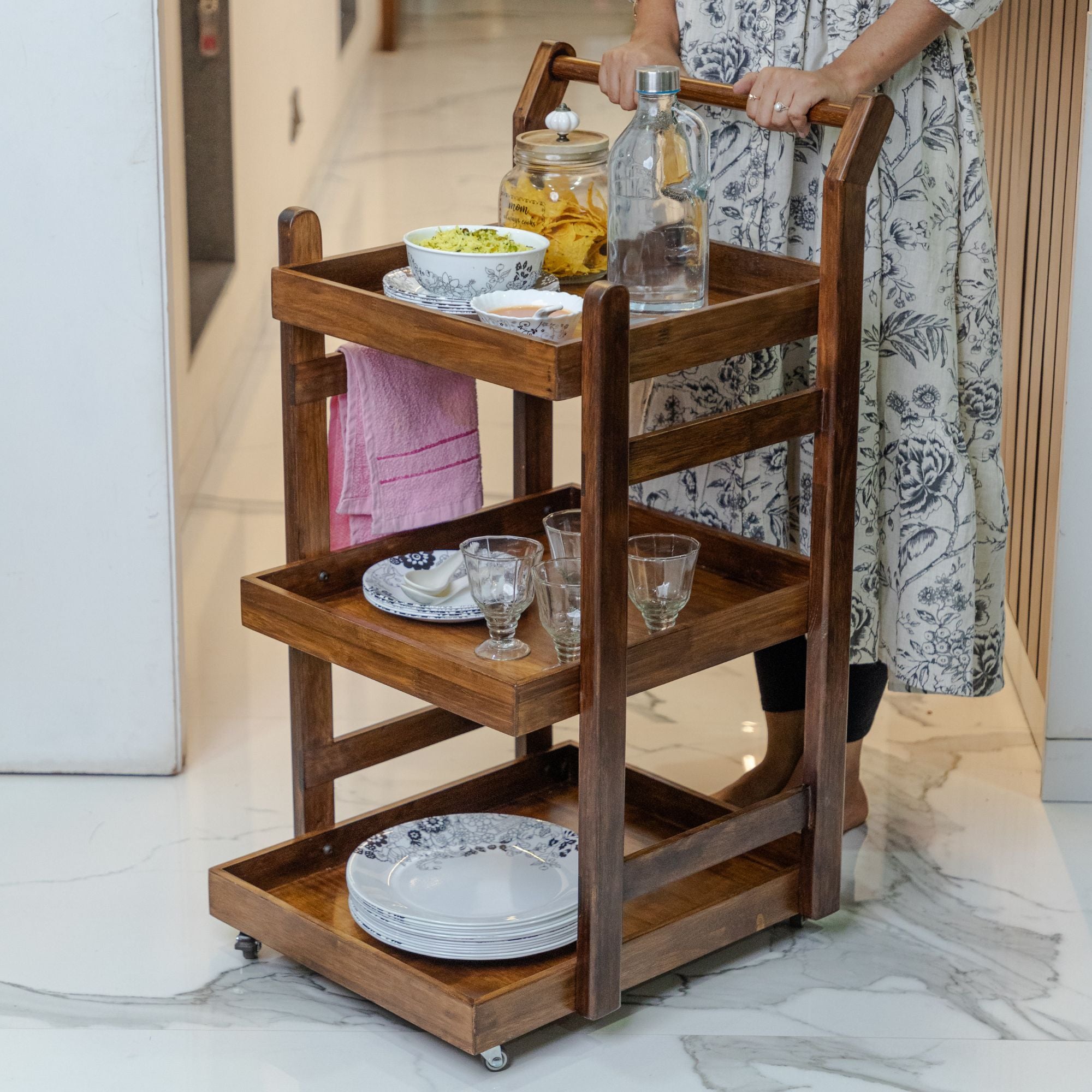 Solid Wood Rolling Utility Trolley: 3-Level Wooden Serving Trolley for Kitchen Organization - Walnut Finish