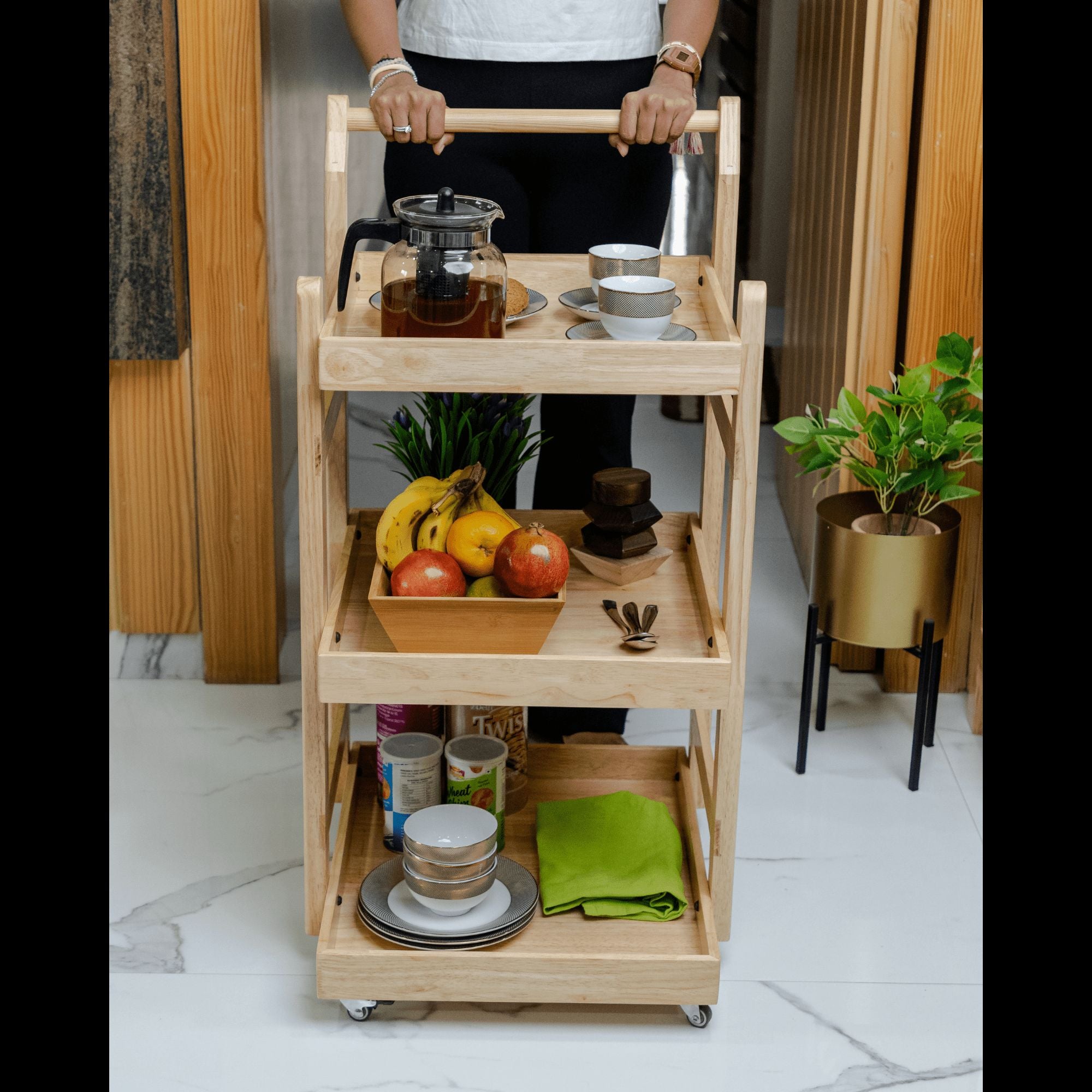 Solid Wood Rolling Utility Trolley: 3-Level Wooden Serving Trolley for Kitchen Organization - Natural Finish